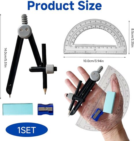 مجموعة بوصلة رسم ومنقلة مكونة من مجموعة واحدة - أداة بوصلة رسم احترافية وبوصلة للهندسة مع مبراة وممحاة، مناسبة لمحترفي الرسم والمتعلمين اليومي in Kuwait