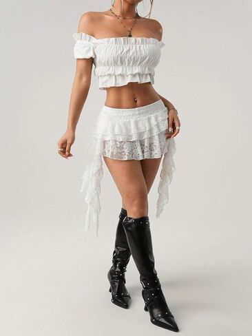 Women's Y2K Mini Skirt Ruffle Lace Asymmetrical Cute Skirts Layered Flowy Pleated Skort with Shorts in Saudi Arabia