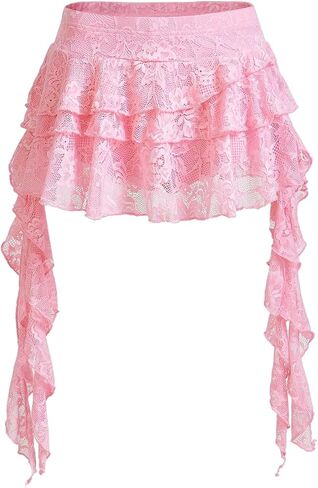 Women's Y2K Mini Skirt Ruffle Lace Asymmetrical Cute Skirts Layered Flowy Pleated Skort with Shorts in Saudi Arabia
