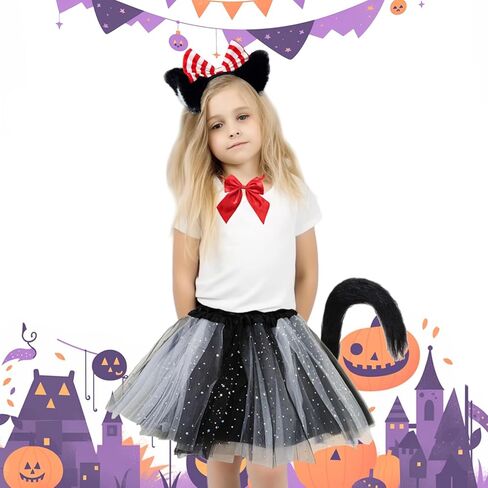 Girls Cute Cat Costume for Kids, 100th Day of School Red and White Cats Cosplay Outfit with Tutu Fluffy Cat Tails Bow Tie Set for Read Book Day Halloween Party Dress up in Saudi Arabia