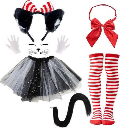 Girls Cute Cat Costume for Kids, 100th Day of School Red and White Cats Cosplay Outfit with Tutu Fluffy Cat Tails Bow Tie Set for Read Book Day Halloween Party Dress up in Saudi Arabia