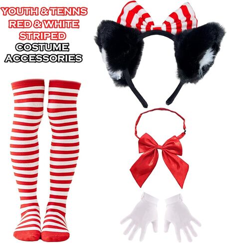 Girls Cute Cat Costume for Kids, 100th Day of School Red and White Cats Cosplay Outfit with Tutu Fluffy Cat Tails Bow Tie Set for Read Book Day Halloween Party Dress up in Saudi Arabia