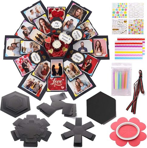 صندوق هدايا Koogel Explosion، مجموعة علب هدايا Explosion مقاس 17.5 × 16 بوصة مع ملحقات سجل القصاصات وألبوم صور إبداعي هدايا مخصصة لذكرى Boyfirend وحفلات الزفاف وحفلات عيد الحب in Kuwait