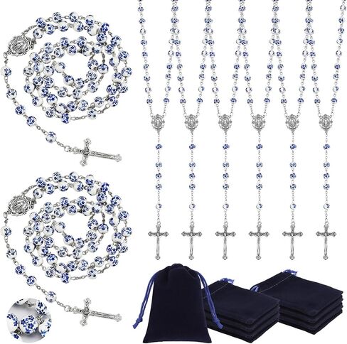 6 Set Ceramic Rosary Beads Necklace Set & Velvet Pouches Blue Floral Print Devotional Prayer Beads for Women Men Spiritual Gifts for Christians Catholic Inspirational Faith Accessories in Saudi Arabia