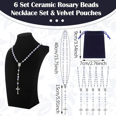 6 Set Ceramic Rosary Beads Necklace Set & Velvet Pouches Blue Floral Print Devotional Prayer Beads for Women Men Spiritual Gifts for Christians Catholic Inspirational Faith Accessories in Saudi Arabia