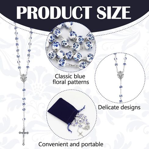 6 Set Ceramic Rosary Beads Necklace Set & Velvet Pouches Blue Floral Print Devotional Prayer Beads for Women Men Spiritual Gifts for Christians Catholic Inspirational Faith Accessories in Saudi Arabia