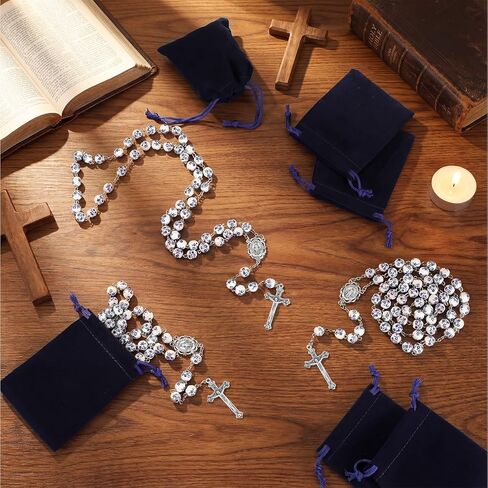 6 Set Ceramic Rosary Beads Necklace Set & Velvet Pouches Blue Floral Print Devotional Prayer Beads for Women Men Spiritual Gifts for Christians Catholic Inspirational Faith Accessories in Saudi Arabia