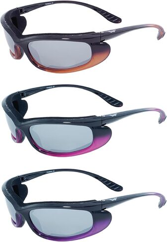 Global Vision Shadow Foam-Padded Motorcycle Sunglasses Glasses For Men & Women 3 Pairs Two-Tone Black with Orange, Pink & Purple Frames & Flash Mirror Lenses in Saudi Arabia