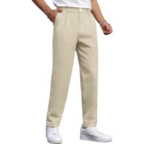 Men's Slim Fit Pleated Dress Pants Casual Stretch Tapered Trousers with Expandable Waist in Kuwait