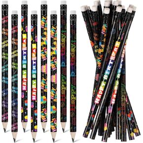 Sabary 24 Pcs Happy Birthday Pencils Colorful Birthday School Student Supplies Unsharpened HB Pencils with Erasers Stationery Bulk for Teacher Classroom Reward Party Supplies (Black) in Kuwait