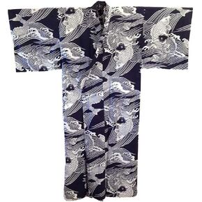 JapanBargain, Japanese Men's Cotton Yukata Easy Kimono Bath Robe, Koi Fish and Wave Pattern, Navy Color, Made in Japan in Saudi Arabia