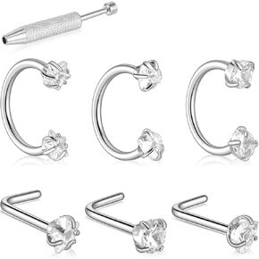 18G Horseshoe Nose Ring Stainless Steel Double Gem Horse Studs Ring Hoop Silver Internally Threaded Piercing for Flat Back Helix Cartilage Lip with Piercing Ball Grabber Tool in Saudi Arabia