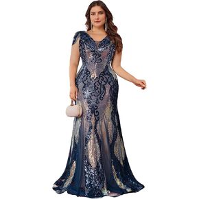 فستان زفاف رسمي كبير الحجم للنساء، فستان كوكتيل على شكل حورية البحر شبكي بالترتر مع رقبة على شكل حرف V وأكمام قصيرة in Kuwait