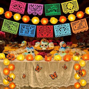 Roberly 58 Pcs Day of The Dead Decorations Set, 2 Marigold Garland, 9 Papel Picado Banners, 30 Marigold Flowers, 9 Sugar Skull, 12 Fake Butterfly, 7 Paper Pom Poms for Indian Diwali Dia De Los Muertos in Kuwait