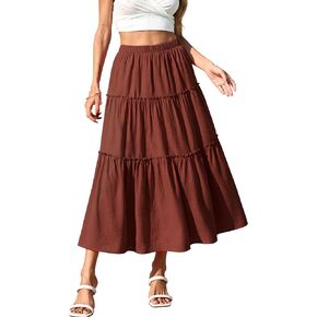 تنورة نسائية من Dressever بتصميم Bohe متوسطة الطول مرنة بخصر عالٍ على شكل حرف A وتنورة كاجوال مكشكشة واسعة in Kuwait