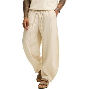 JEMLDL Men's Baggy Cotton Linen Pants Pleated Barrel Leg Trousers Drawstring Summer Beach Casual Pants in Saudi Arabia