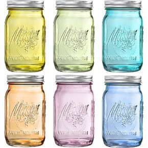 برطمانات ماسون من WELLIFE سعة 32 أونصة - 6 قطع برطمانات ماسون ملونة مع أغطية. آمنة للتخزين، برطمانات ماسون ربع لتر واسعة الفم. التخليل والحفظ والتخمير والحرف اليدوية والديكور in Kuwait