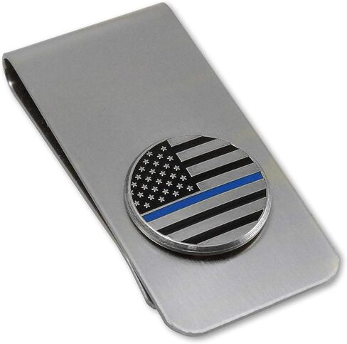 THIN BLUE LINE Stainless Money Clip with Nickel Silver Emblem Made in USA in Saudi Arabia