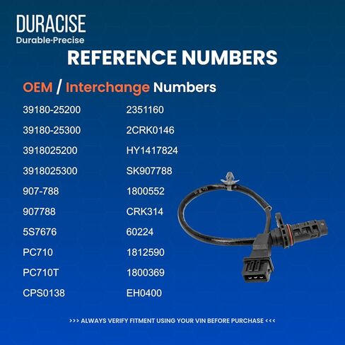 مستشعر موضع العمود المرفقي DURACISE متوافق مع 2006-2015 Hyundai Sonata، 2010-2015 Santa Fe، Tucson & 2007-2016 Kia Optima، 2011-2015 Sorento، Forte، Sportage | تصنيع المعدات الأصلية #39180-25200، 39180-25300 in Kuwait