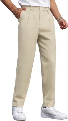 Men's Slim Fit Pleated Dress Pants Casual Stretch Tapered Trousers with Expandable Waist in Kuwait