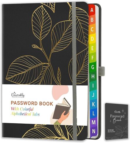 Decorably 240 Pages Charcoal Gray Gold Foil Password Book with Tabs - 5.7 x 8.5in PU Leather with Pen Holder, Hardcover, Ribbon Bookmark, Back Pocket - School, Office, Home in Kuwait