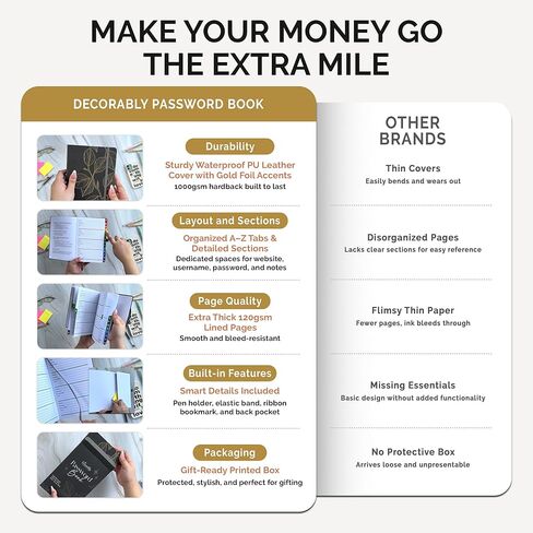 Decorably 240 Pages Charcoal Gray Gold Foil Password Book with Tabs - 5.7 x 8.5in PU Leather with Pen Holder, Hardcover, Ribbon Bookmark, Back Pocket - School, Office, Home in Kuwait