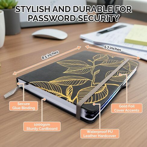Decorably 240 Pages Charcoal Gray Gold Foil Password Book with Tabs - 5.7 x 8.5in PU Leather with Pen Holder, Hardcover, Ribbon Bookmark, Back Pocket - School, Office, Home in Kuwait