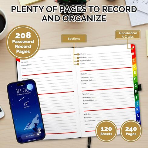 Decorably 240 Pages Charcoal Gray Gold Foil Password Book with Tabs - 5.7 x 8.5in PU Leather with Pen Holder, Hardcover, Ribbon Bookmark, Back Pocket - School, Office, Home in Kuwait