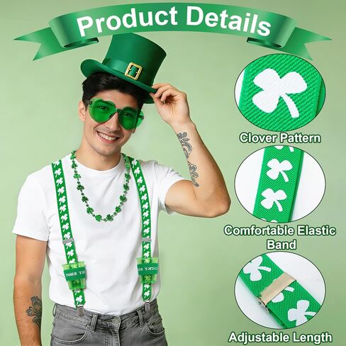 Complete St Patricks Day Costume Set, St Patricks Day Accessories Funny Suspenders with Bow Tie, Shamrock Sunglasses Kit for Men Women in Saudi Arabia