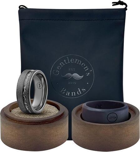 Gentlemen's Bands Black Tungsten Men's Wedding Band with Sandblasted Finish & Meteorite Inlay-8mm | Engagement/Wedding Ring for Men | Includes Black Silicone Band, Leather Pouch & Luxury Walnut Box in Saudi Arabia