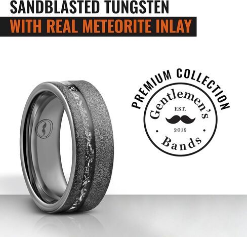 Gentlemen's Bands Black Tungsten Men's Wedding Band with Sandblasted Finish & Meteorite Inlay-8mm | Engagement/Wedding Ring for Men | Includes Black Silicone Band, Leather Pouch & Luxury Walnut Box in Saudi Arabia