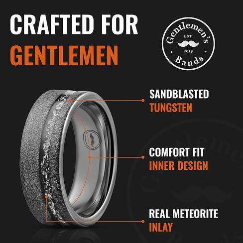 Gentlemen's Bands Black Tungsten Men's Wedding Band with Sandblasted Finish & Meteorite Inlay-8mm | Engagement/Wedding Ring for Men | Includes Black Silicone Band, Leather Pouch & Luxury Walnut Box in Saudi Arabia