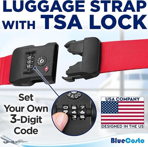 BlueCosto - حزام الأمتعة مع قفل TSA - من 7 إلى 13 قدمًا قابل للتعديل، أحمر ساطع - حزام أمان للحقيبة معتمد من TSA مع قفل مجموعة مكون من 3 أرقام - حزام أمتعة شديد التحمل بعرض 2 بوصة للسفر الآمن in Kuwait