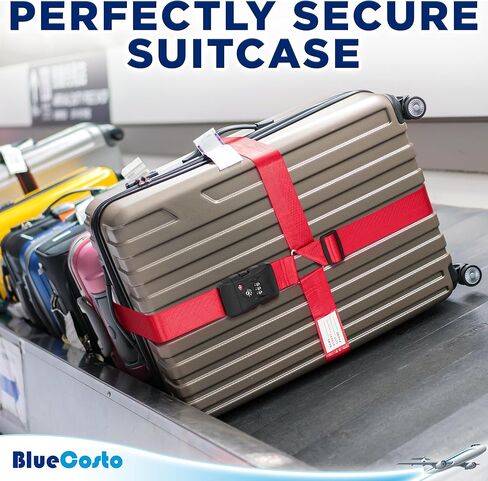 BlueCosto - حزام الأمتعة مع قفل TSA - من 7 إلى 13 قدمًا قابل للتعديل، أحمر ساطع - حزام أمان للحقيبة معتمد من TSA مع قفل مجموعة مكون من 3 أرقام - حزام أمتعة شديد التحمل بعرض 2 بوصة للسفر الآمن in Kuwait