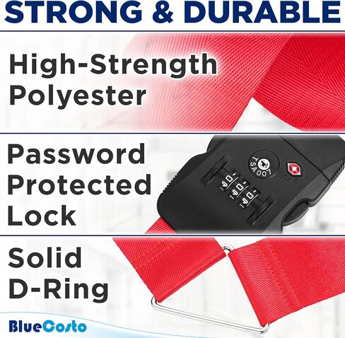 BlueCosto - حزام الأمتعة مع قفل TSA - من 7 إلى 13 قدمًا قابل للتعديل، أحمر ساطع - حزام أمان للحقيبة معتمد من TSA مع قفل مجموعة مكون من 3 أرقام - حزام أمتعة شديد التحمل بعرض 2 بوصة للسفر الآمن in Kuwait