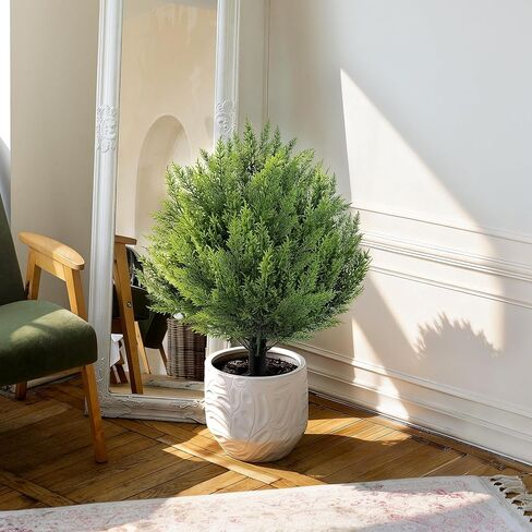 qcqhdu الاصطناعي السرو الكرة توبياري بوش للخارجية، 24.8 "أشجار وهمية النباتات دائمة الخضرة مع ارتفاع الأرض، شجيرات الأرز فو مقاومة للأشعة فوق البنفسجية للداخلية، حديقة، ساحة، الشرفة، الفناء، مكتب، ديكور المنزل، 2 حزمة in Kuwait