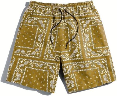 Men's Boho Paisley Scarf Print Shorts Drawstring Waist Tribal Pocket Summer Shorts（Yellow） in Saudi Arabia