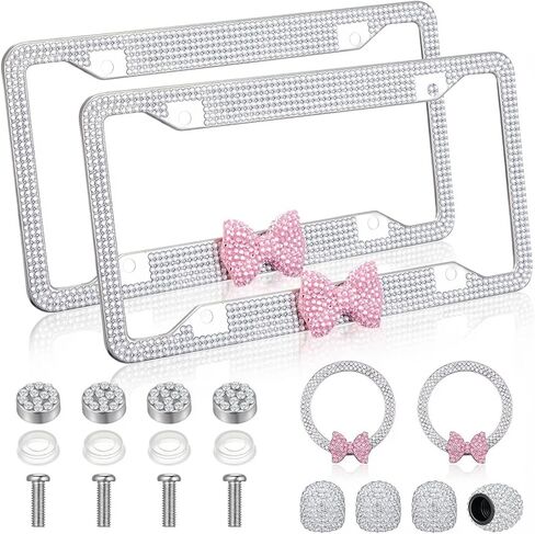 8 Pcs Pink Car Accessories, Includes 2 Pink Bow License Plate Frames, 4 Bling Cute Diamond Tire Valve Stem Caps and 2 Start Stop Decorative Ring, Cute License Plate Frame for Women Christmas in Saudi Arabia
