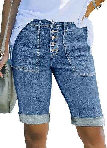 Sidefeel Womens Jean Shorts High Waisted Stretchy Button Fly Folded Hem Trendy Casual Summer Bermuda Shorts in Saudi Arabia