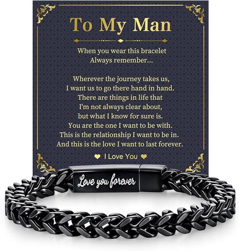 Black Chain Bracelets for Men : Stainless Steel Franco Chains Love you Forever Engraved Link Men's Bracelet to Son Man Husband, Sentimental Jewelry Gifts Ideas for Birthday Valentines Anniversary in Saudi Arabia