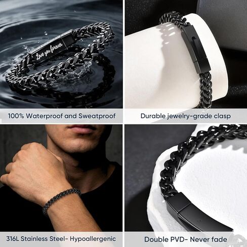 Black Chain Bracelets for Men : Stainless Steel Franco Chains Love you Forever Engraved Link Men's Bracelet to Son Man Husband, Sentimental Jewelry Gifts Ideas for Birthday Valentines Anniversary in Saudi Arabia