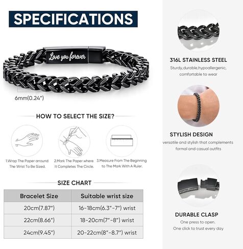 Black Chain Bracelets for Men : Stainless Steel Franco Chains Love you Forever Engraved Link Men's Bracelet to Son Man Husband, Sentimental Jewelry Gifts Ideas for Birthday Valentines Anniversary in Saudi Arabia