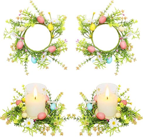 4 Pack Easter Egg Candle Rings Wreath with Daisy Flower Spring Egg and Pastel Pip Berry Candle Rings Holder Wreaths 4" Center for Holiday Home Kitchen Cabinet Table Centerpiece Decor in Kuwait
