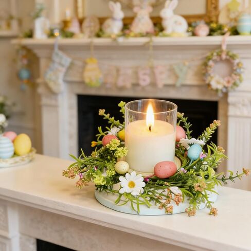4 Pack Easter Egg Candle Rings Wreath with Daisy Flower Spring Egg and Pastel Pip Berry Candle Rings Holder Wreaths 4" Center for Holiday Home Kitchen Cabinet Table Centerpiece Decor in Kuwait