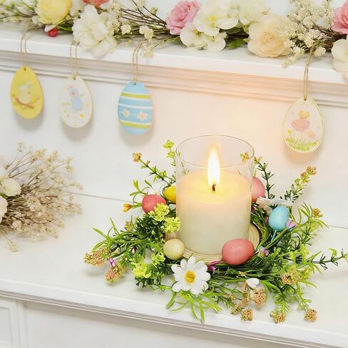 4 Pack Easter Egg Candle Rings Wreath with Daisy Flower Spring Egg and Pastel Pip Berry Candle Rings Holder Wreaths 4" Center for Holiday Home Kitchen Cabinet Table Centerpiece Decor in Kuwait