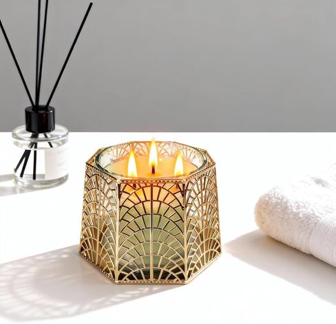 3 Wick Candle Holder, Golden Shell Design Candle Jar Holder for 4-Inch Diameter Jars (5.25" D x 3.5" H) (Golden) in Saudi Arabia