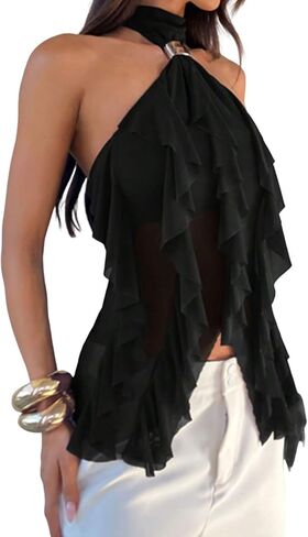 Naileksi Women High Neck Ruffle Halter Top Sleeveless Mock Neck Metal Buckle Camisole Asymmetrical Sheer Mesh Tank Shirt in Saudi Arabia