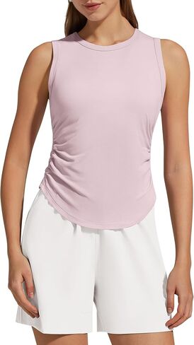 G4Free Ruched Side Workout Tank Tops Woman High Neck Waist Length Gym Tanks Soft Relaxed Fit for Training in Kuwait