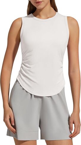 G4Free Ruched Side Workout Tank Tops Woman High Neck Waist Length Gym Tanks Soft Relaxed Fit for Training in Kuwait