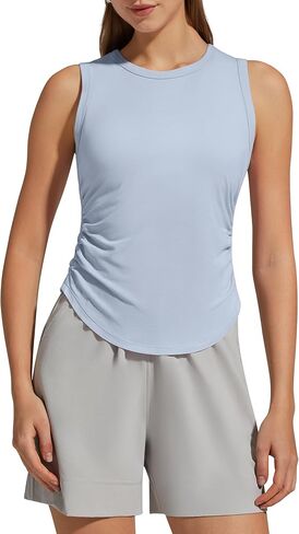 G4Free Ruched Side Workout Tank Tops Woman High Neck Waist Length Gym Tanks Soft Relaxed Fit for Training in Kuwait